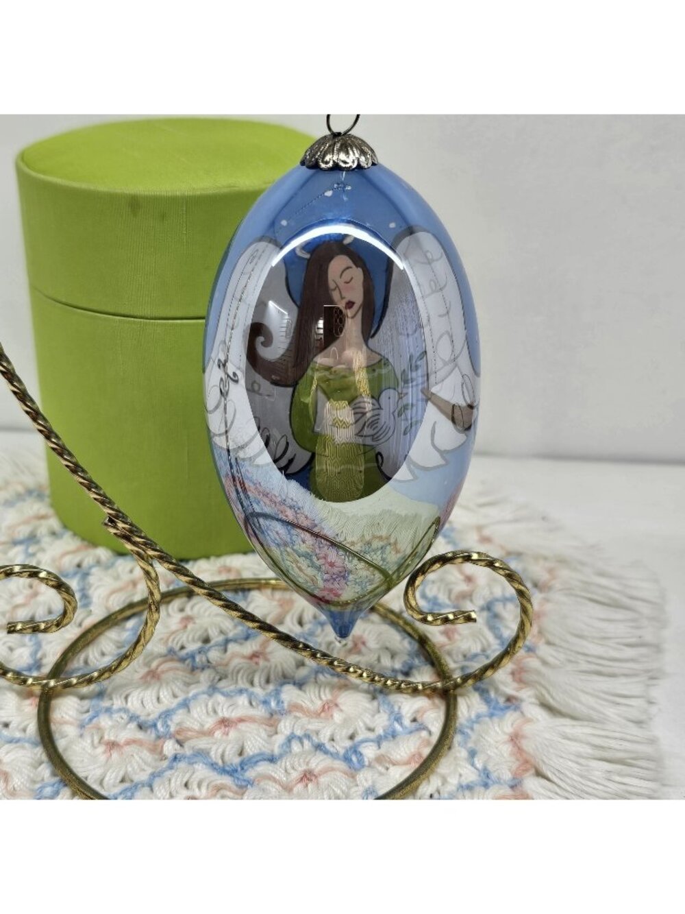 Li Bien Christmas Teardrop Glass Ornament 5” Pier 1 Angel Holding Dove 2006